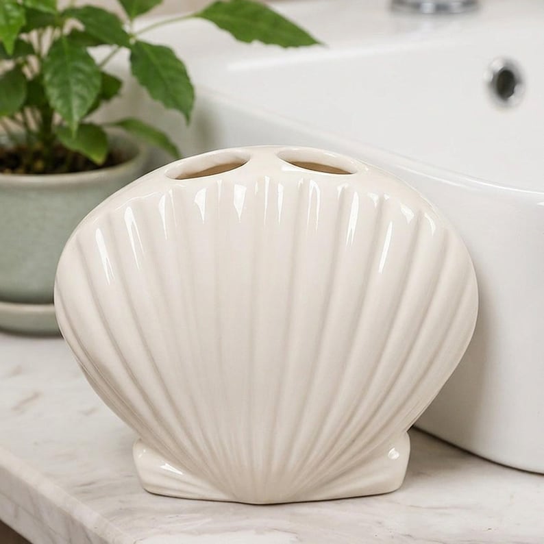 Ceramic Seashell Toothbrush Holder, Coastal Bathroom Vanity Organizer, Pink White