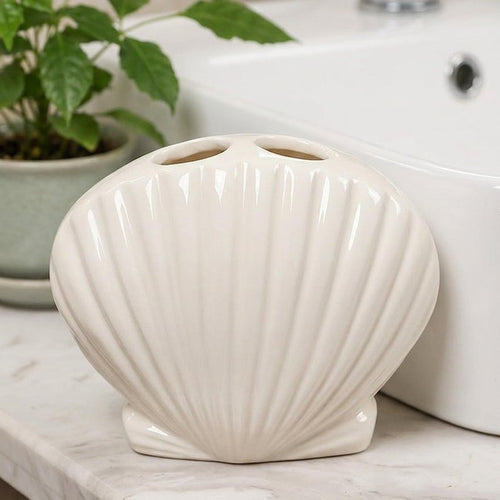 Ceramic Seashell Toothbrush Holder, Coastal Bathroom Vanity Organizer, Pink White