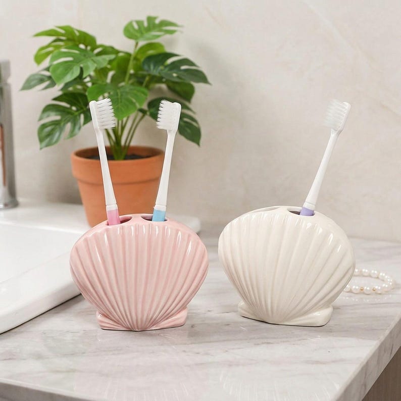 Ceramic Seashell Toothbrush Holder, Coastal Bathroom Vanity Organizer, Pink White