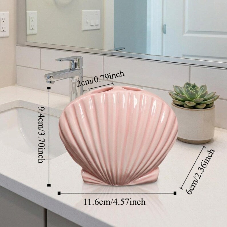 Ceramic Seashell Toothbrush Holder, Coastal Bathroom Vanity Organizer, Pink White