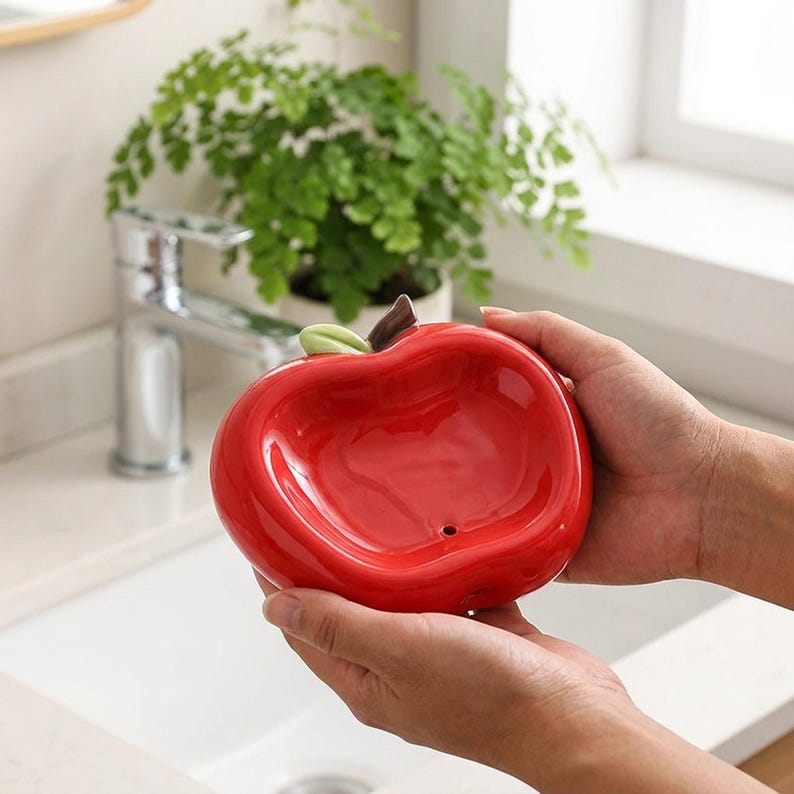 Porte-savon en céramique pomme rouge - Support drainant pour savon et éponge