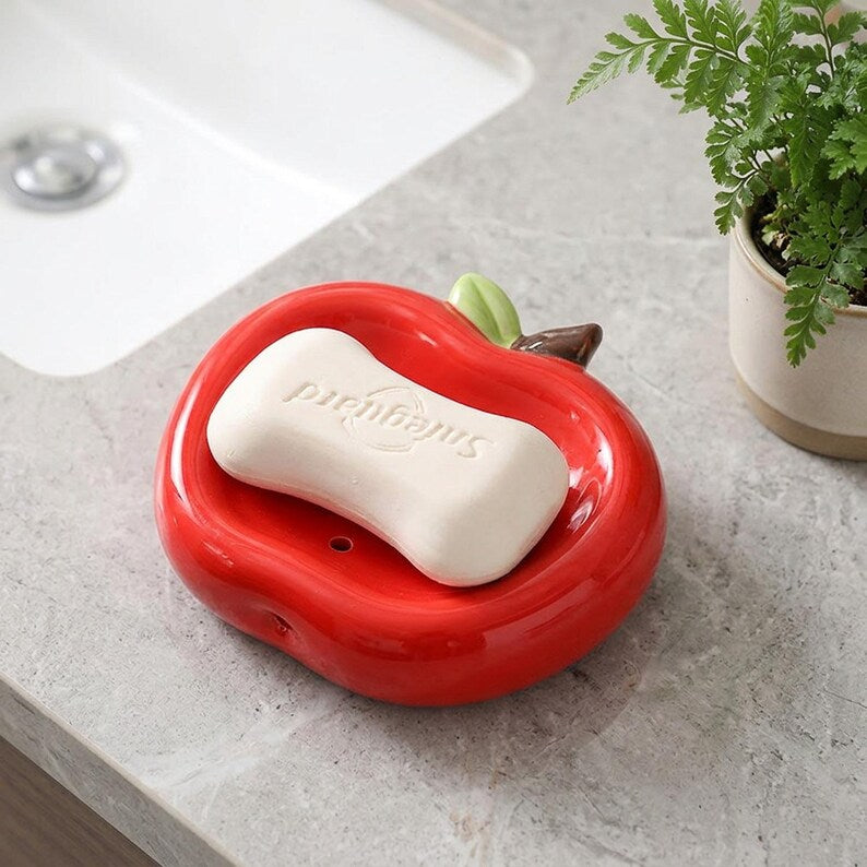Porte-savon en céramique pomme rouge - Support drainant pour savon et éponge