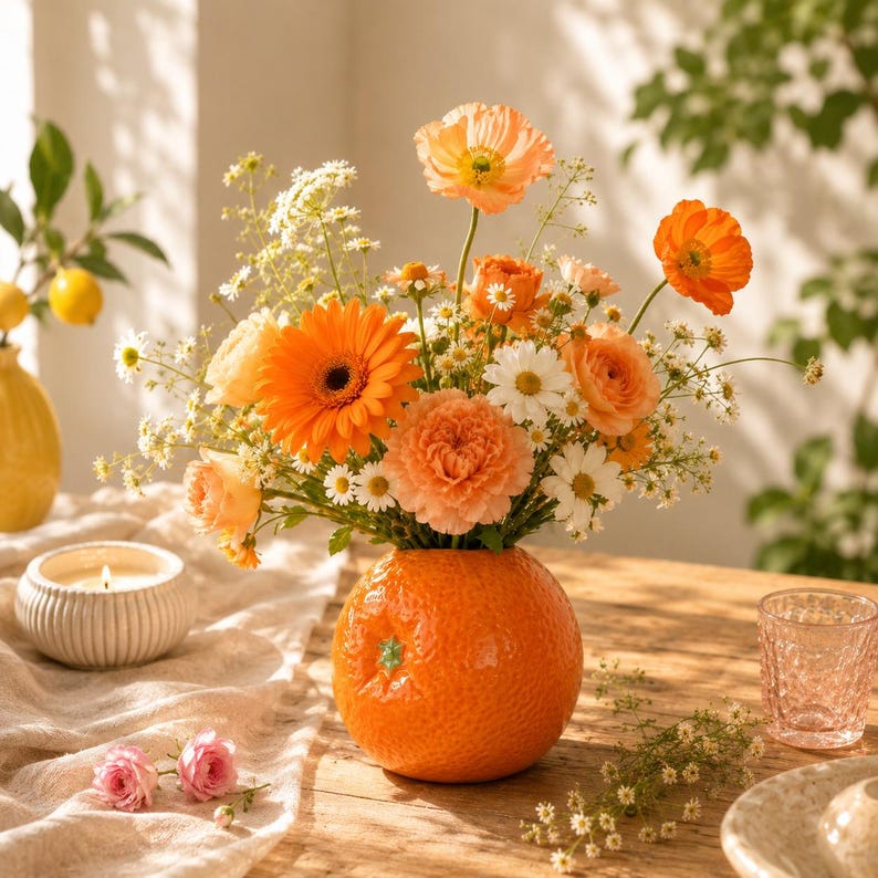Vase orange en céramique, vase décoratif à fraises, vase à fruits, décoration intérieure bohème