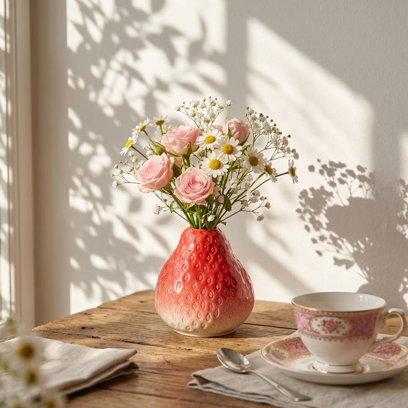 Vase orange en céramique, vase décoratif à fraises, vase à fruits, décoration intérieure bohème