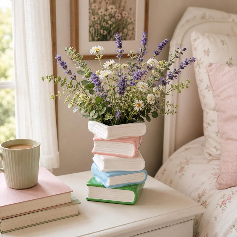 Vase empilable en céramique forme de livres, pot fleur pastel macaron, décoration table bibliophile