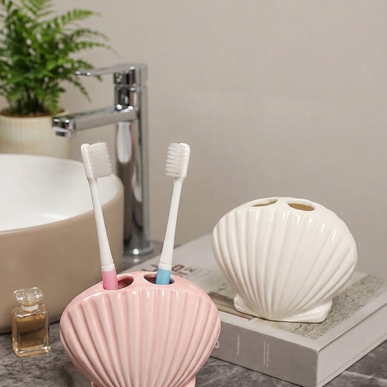 Ceramic Seashell Toothbrush Holder, Coastal Bathroom Vanity Organizer, Pink White